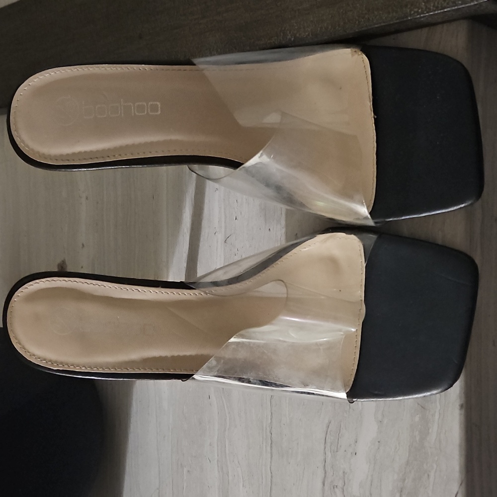 clear black trim heels